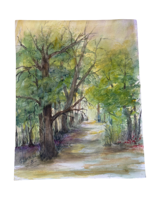 Vintage Impressionist Woodland Path Watercolor, Early to Mid-20th Century