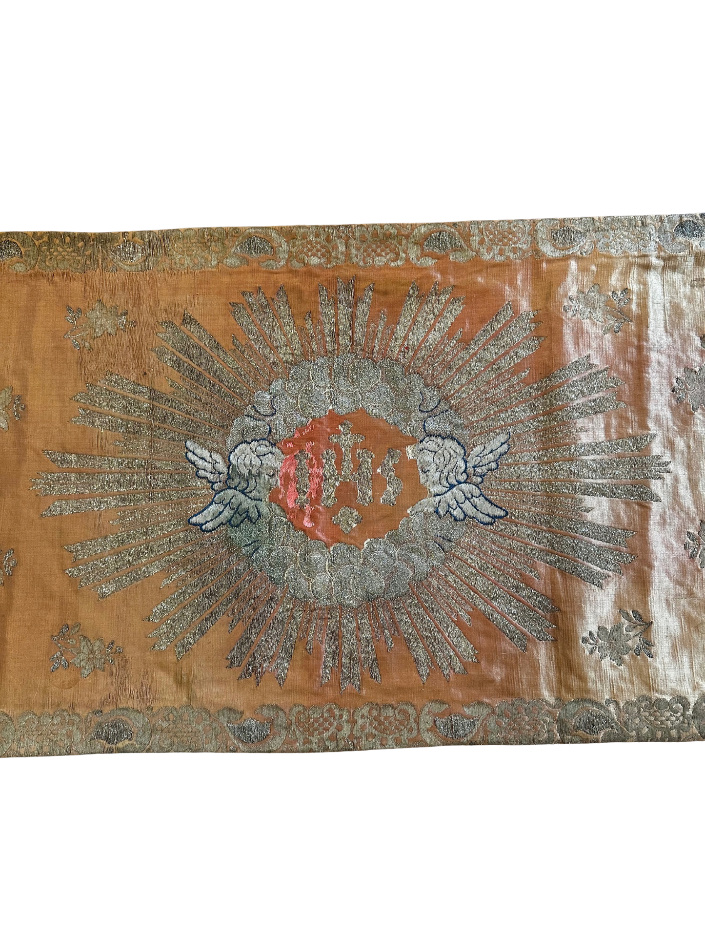 Antique Ecclesiastical Silk Brocade Altar Runner with Monstrance, Angels and IHS Christogram