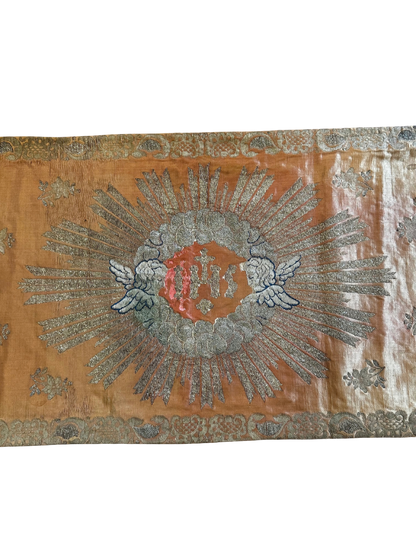 Antique Ecclesiastical Silk Brocade Altar Runner with Monstrance, Angels and IHS Christogram