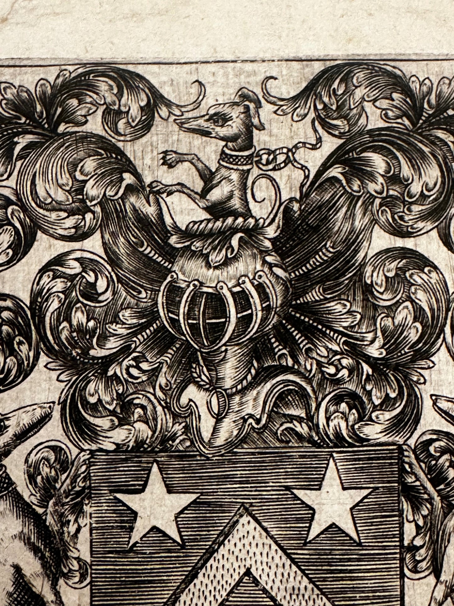 Antique Heraldic Ex Libris Bookplate Engraving with Greyhound Supporters