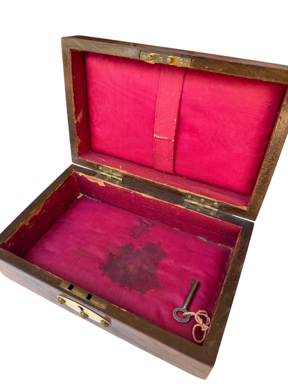 English Walnut Domed Jewelry Box with Bone Escutcheons and SIlk-Lined Interior