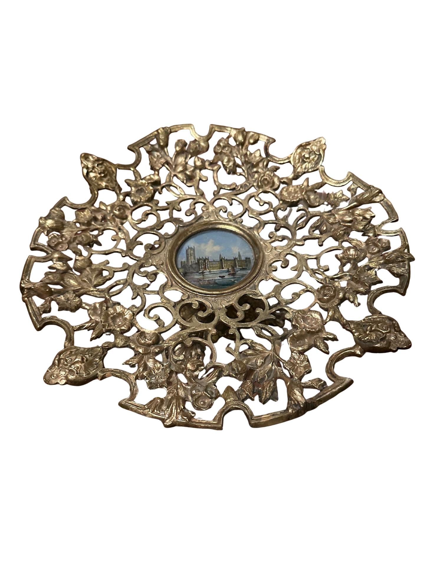 Grand Tour Tazza with Reverse Painted Scene in Center and Figural Faces