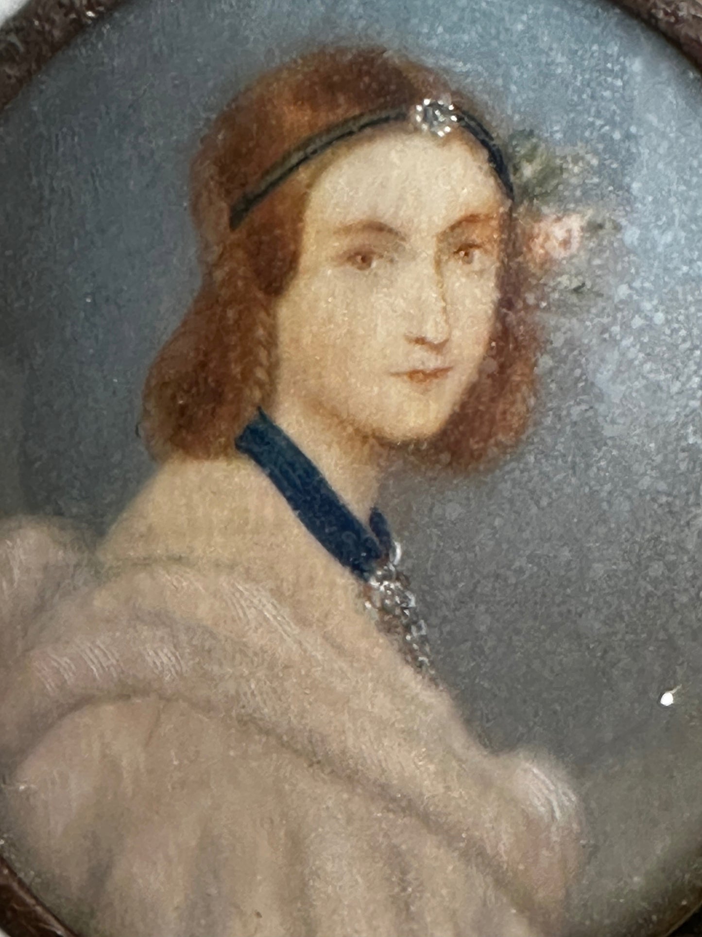 Antique Miniature Hand-Painted Woman Portrait in Bone-Inlaid Wooden Frame