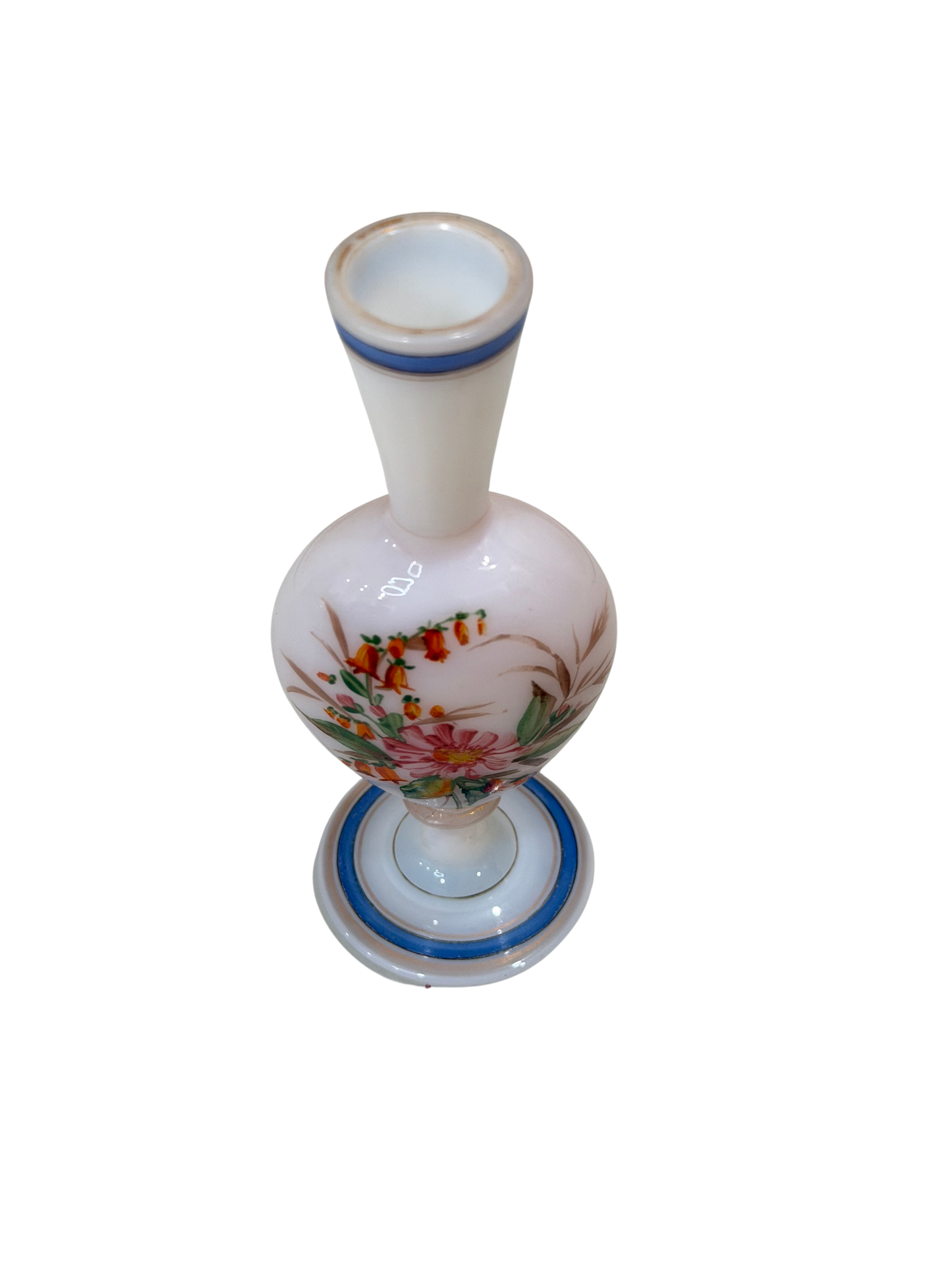 Victorian Hand-Painted Opaque Glass Bud Vase with Floral Decoration Late 19th Century