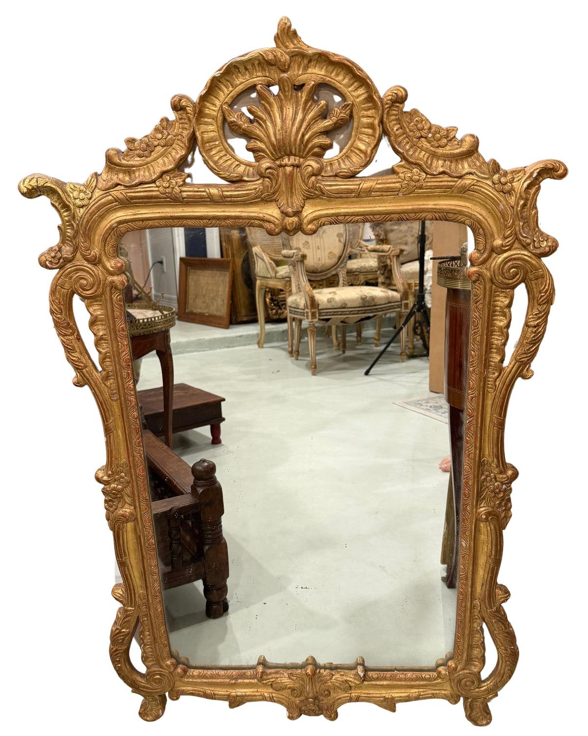 Monumental Louis XV-Style Giltwood Mirror with Rococo Crest