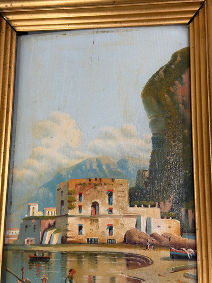 Vintage Italian Coastal Harbor Oil Painting with Fishermen and Giltwood Frame