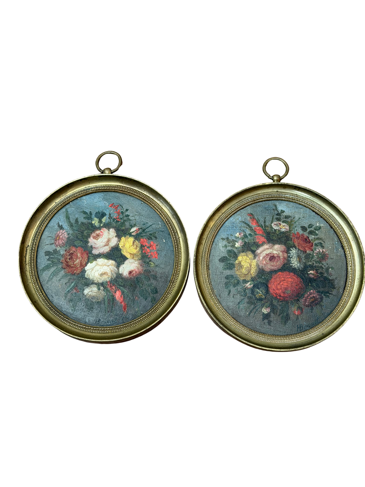 Pair of Antique French Floral Still Life Oil Paintings, Signed H. Brunet and Dated 1869