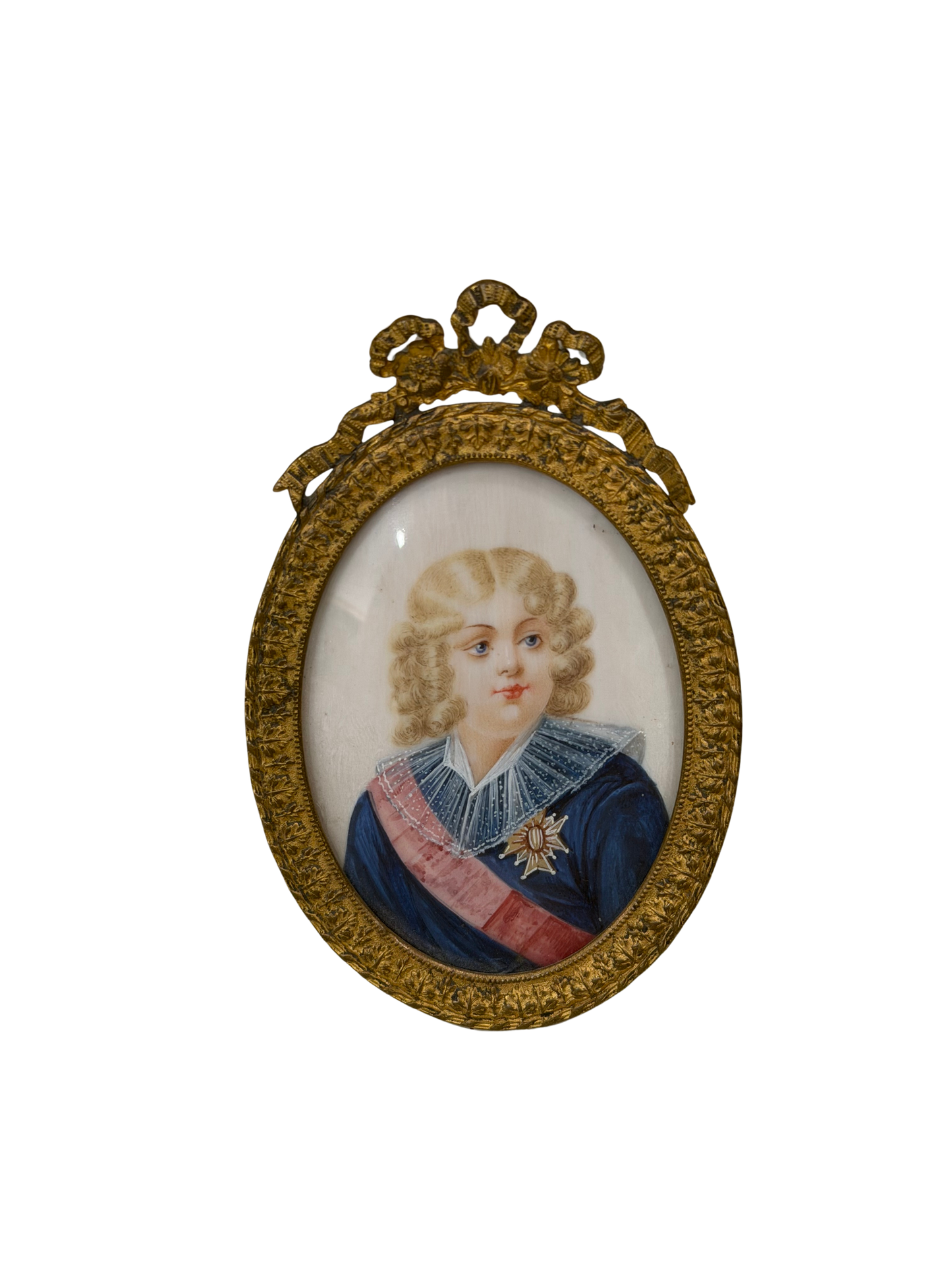 Antique Watercolor and Gouache Portrait Miniature, Likely Napoleon II - The King of Rome in Evans Philadelphia Gilt Brass Easel Frame