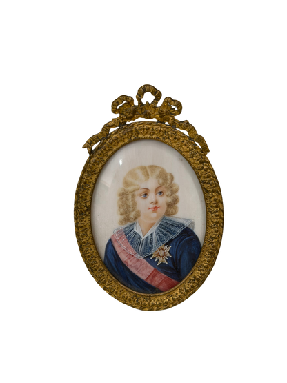 Antique Watercolor and Gouache Portrait Miniature, Likely Napoleon II - The King of Rome in Evans Philadelphia Gilt Brass Easel Frame