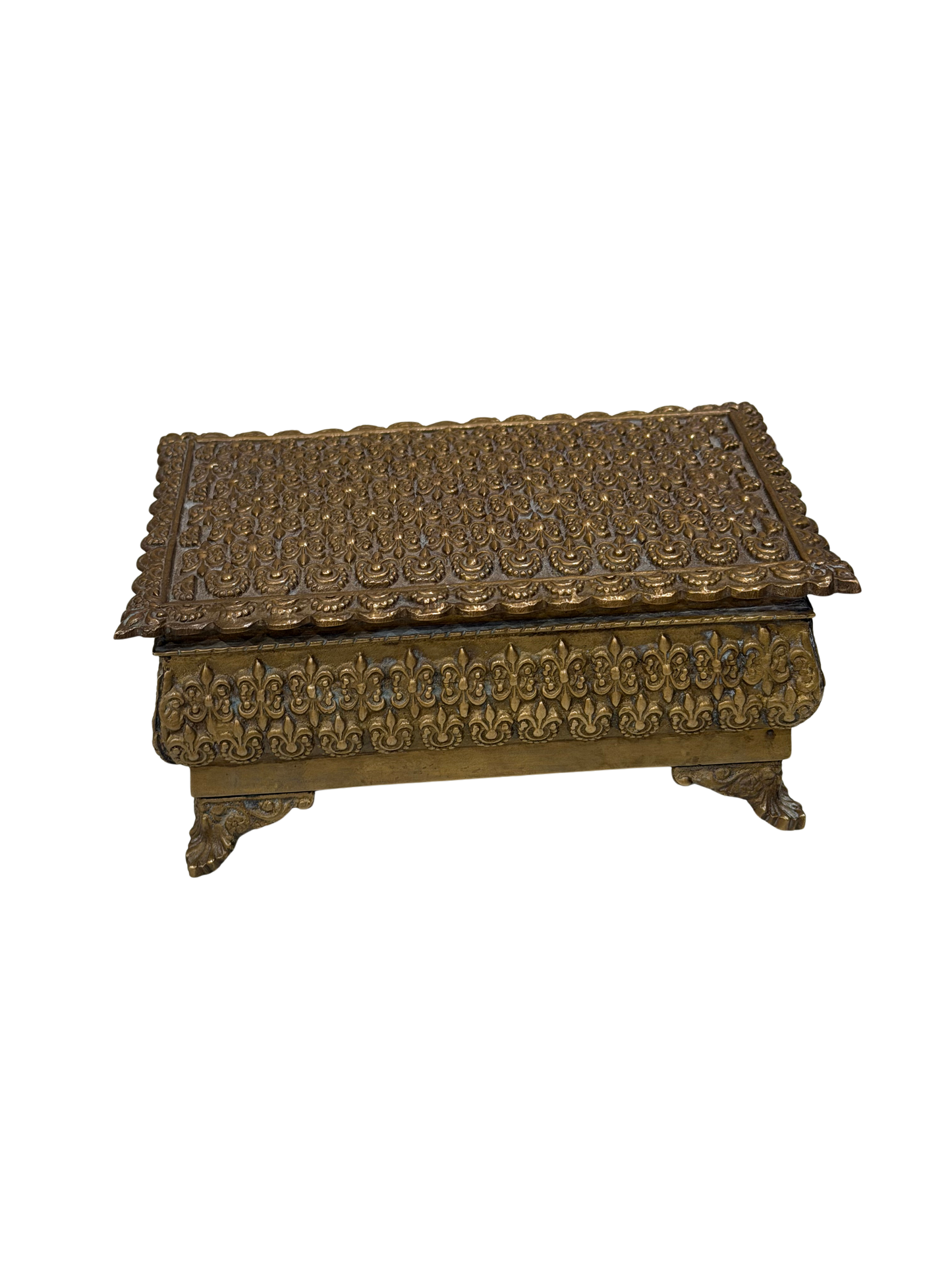 Antique Repoussé Brass Footed Box with Red Velvet Interior