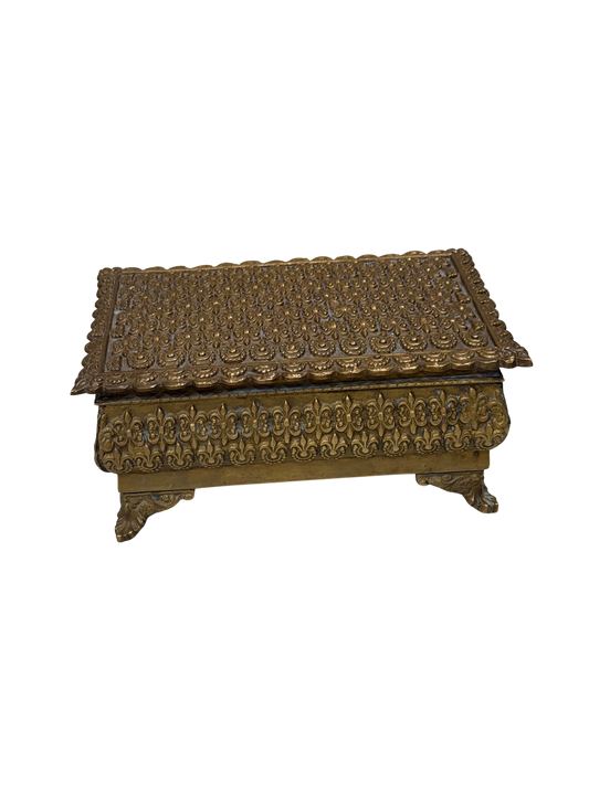 Antique Repoussé Brass Footed Box with Red Velvet Interior
