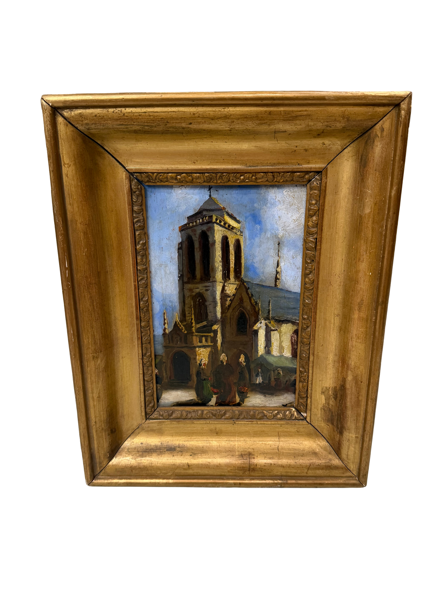 19th Century French School Oil Painting of Breton Church Scene, Monogrammed “LV”