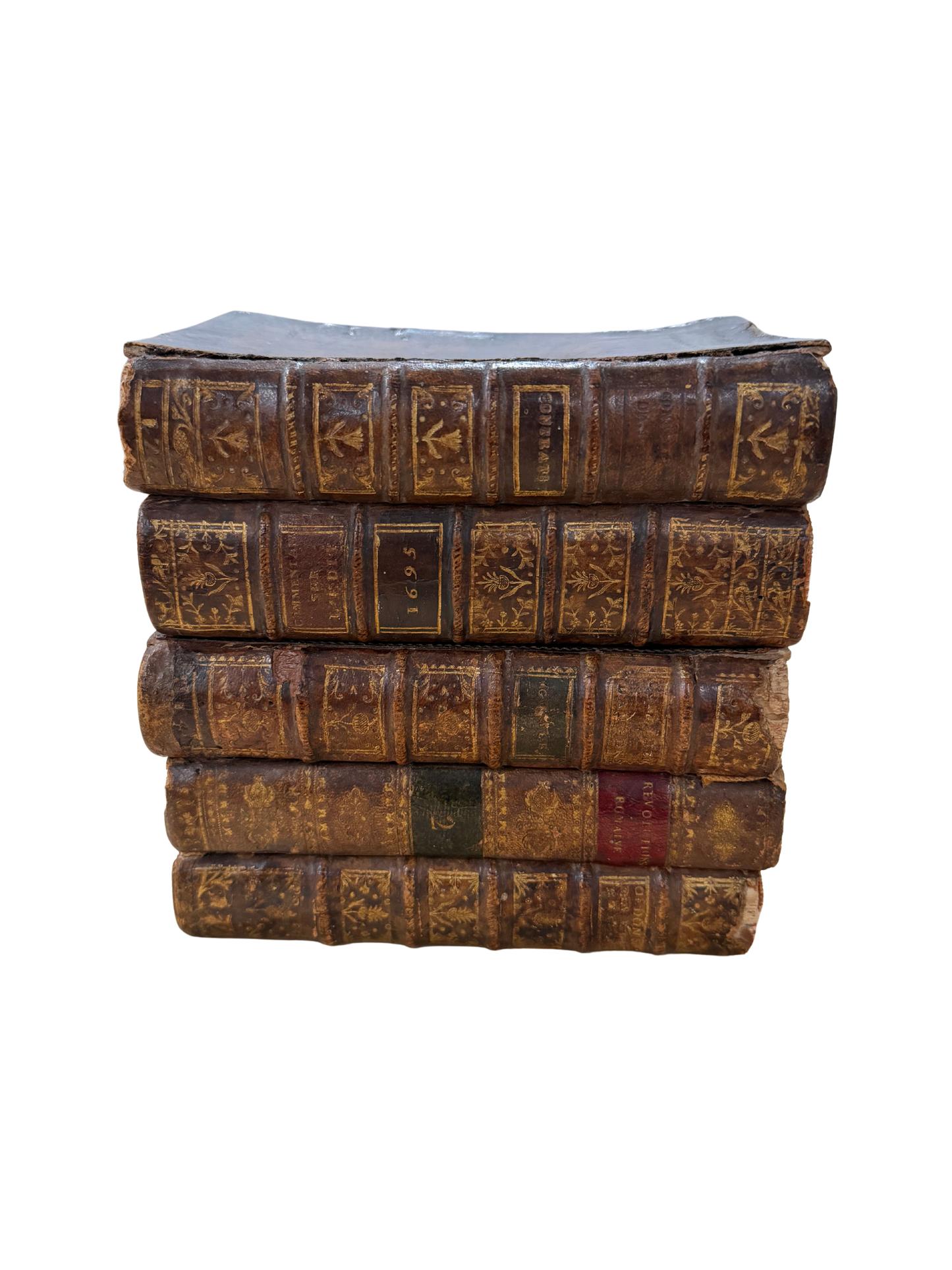 Antique Book-Form Leather Tantalus / Decanter Set with Gilt-Decorated Glassware