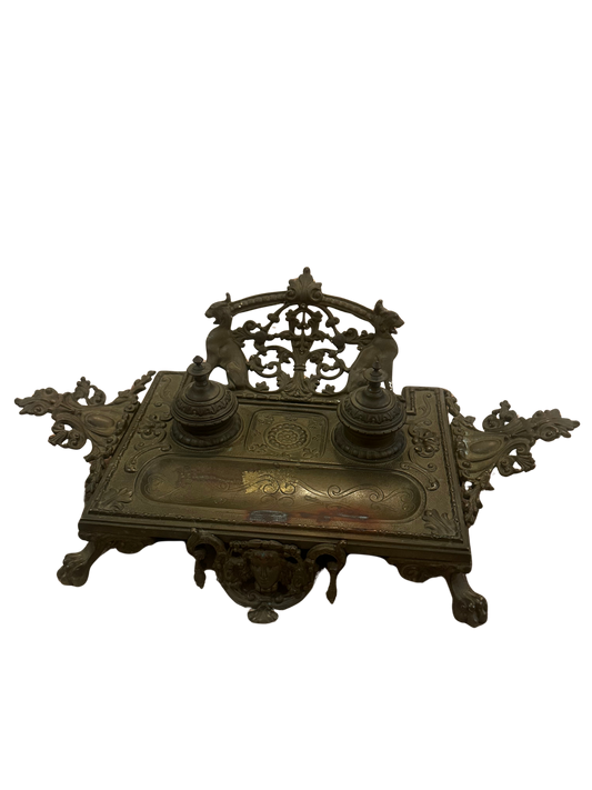 Rococo Revival Brass Double Inkwell Desk Stand with Heraldic Griffins and Maskaron Mount