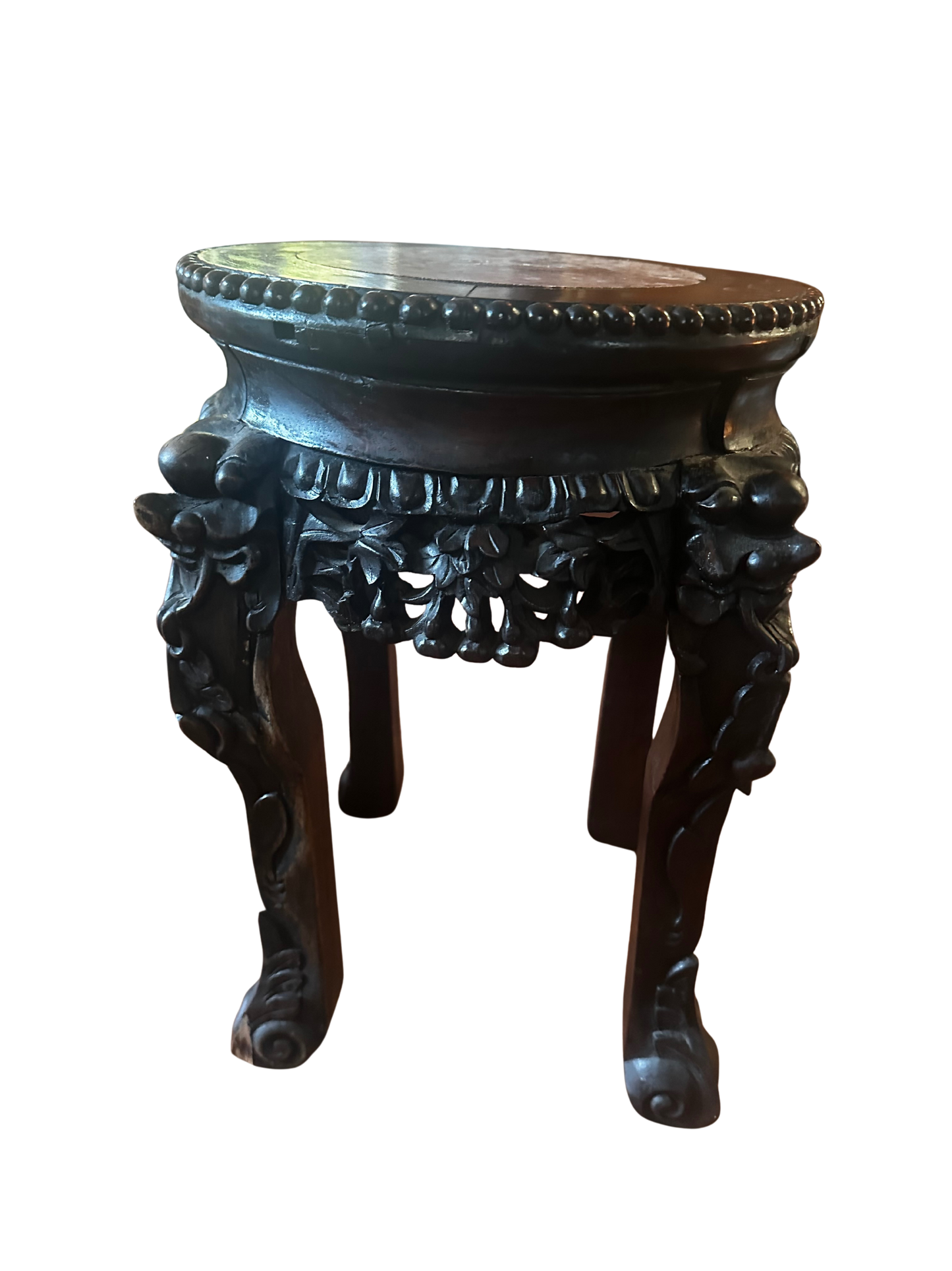 Late 19th/Early 20th C Asian Carved Wood Plant Stand with Pink Marble Top