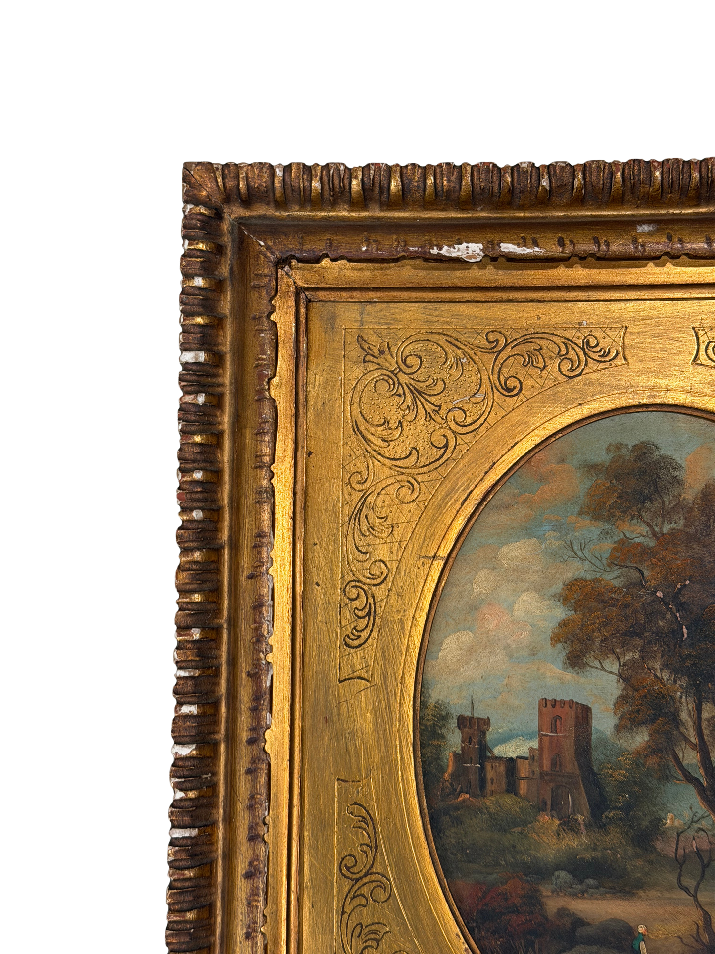 Attributed Otto Van Thoren Oval Landscape Painting with Castle Ruins in Giltwood Frame