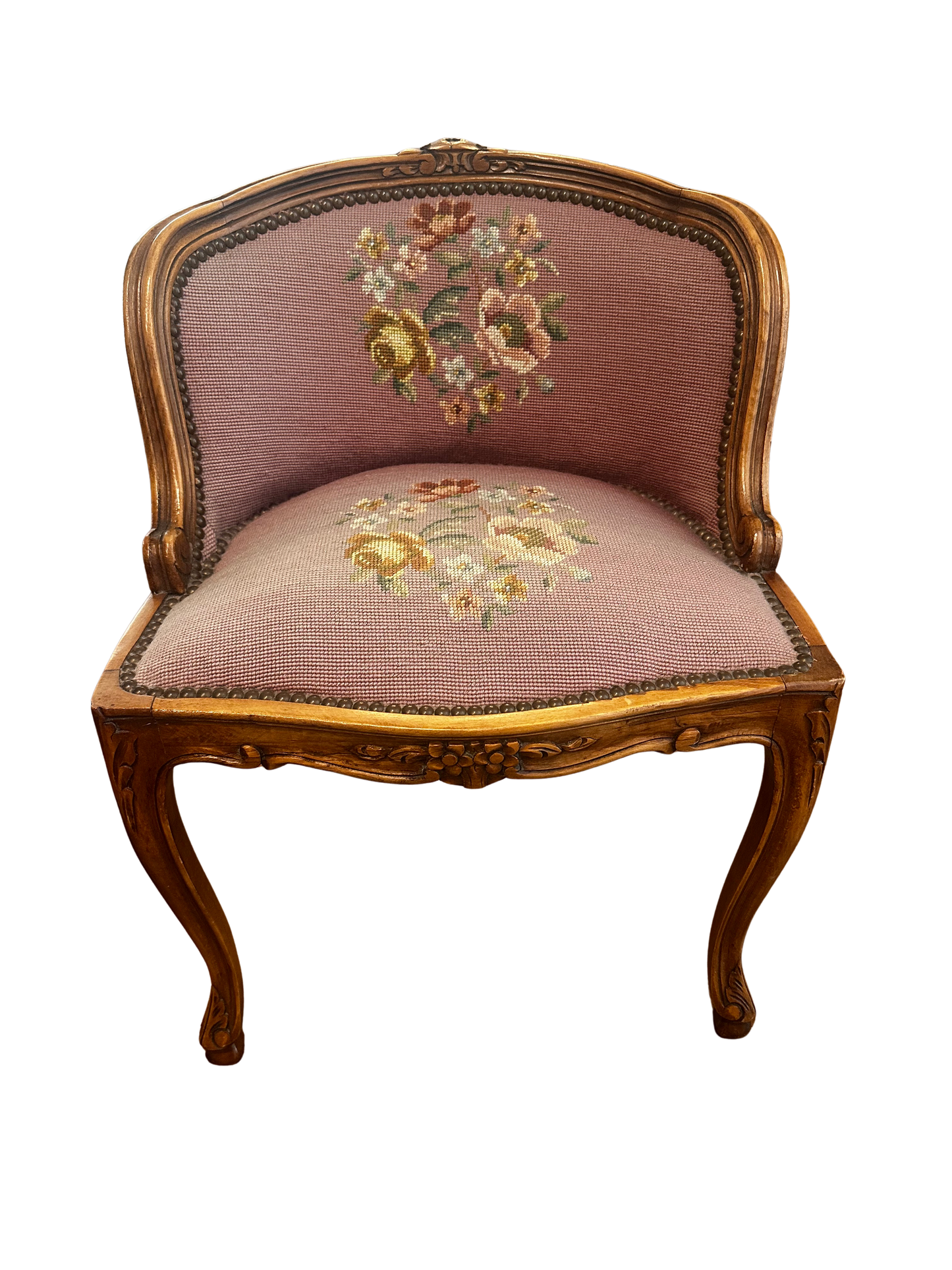 Louis XV-Style Needlepoint Upholstered Corner Chair with Floral Motif