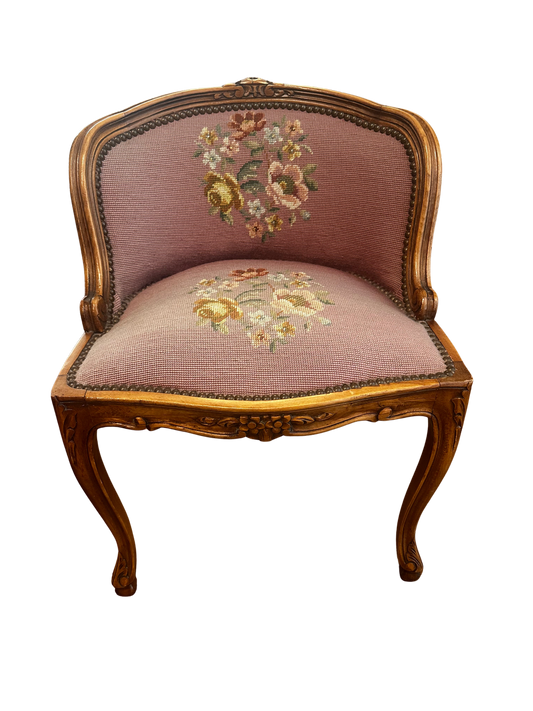 Louis XV-Style Needlepoint Upholstered Corner Chair with Floral Motif