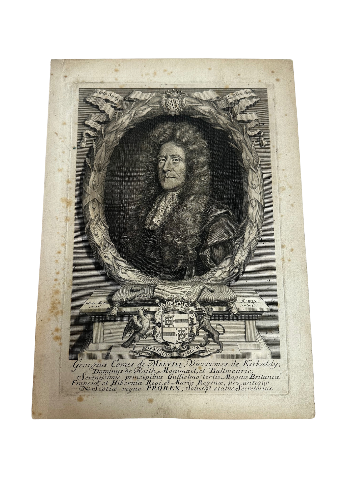 Antique Baroque Engraved Portrait of George Melville, Earl of Melville