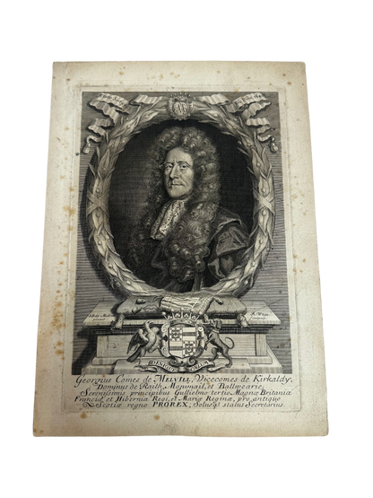Antique Baroque Engraved Portrait of George Melville, Earl of Melville
