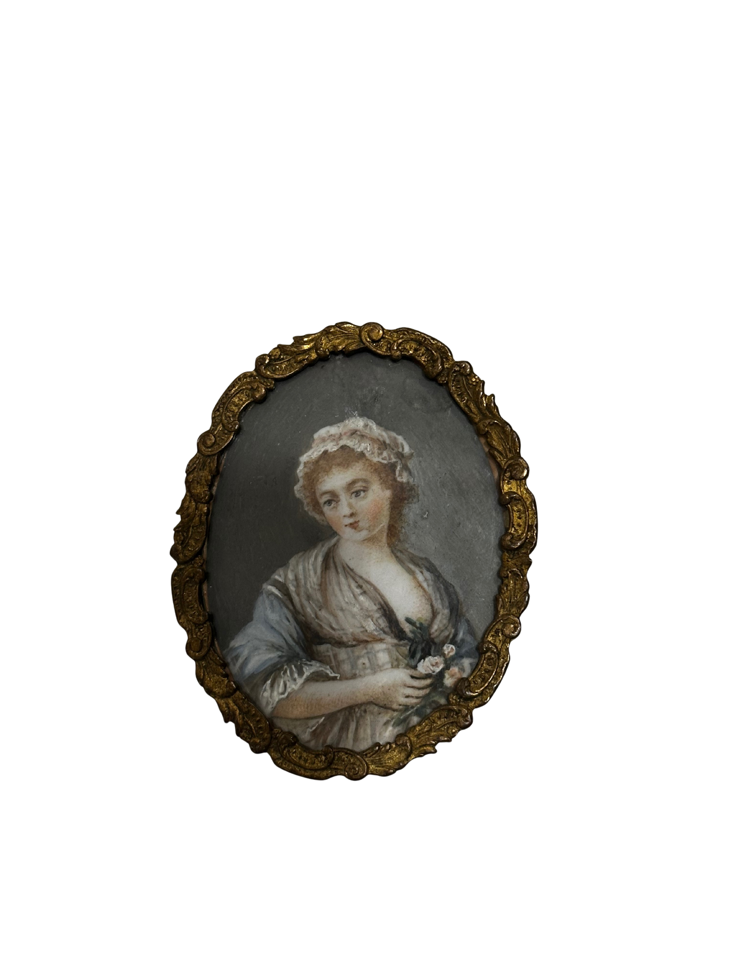 19th C French Miniature Portrait of Young Lady with Rose