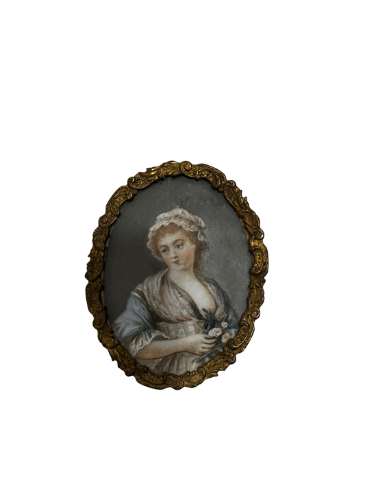 19th C French Miniature Portrait of Young Lady with Rose