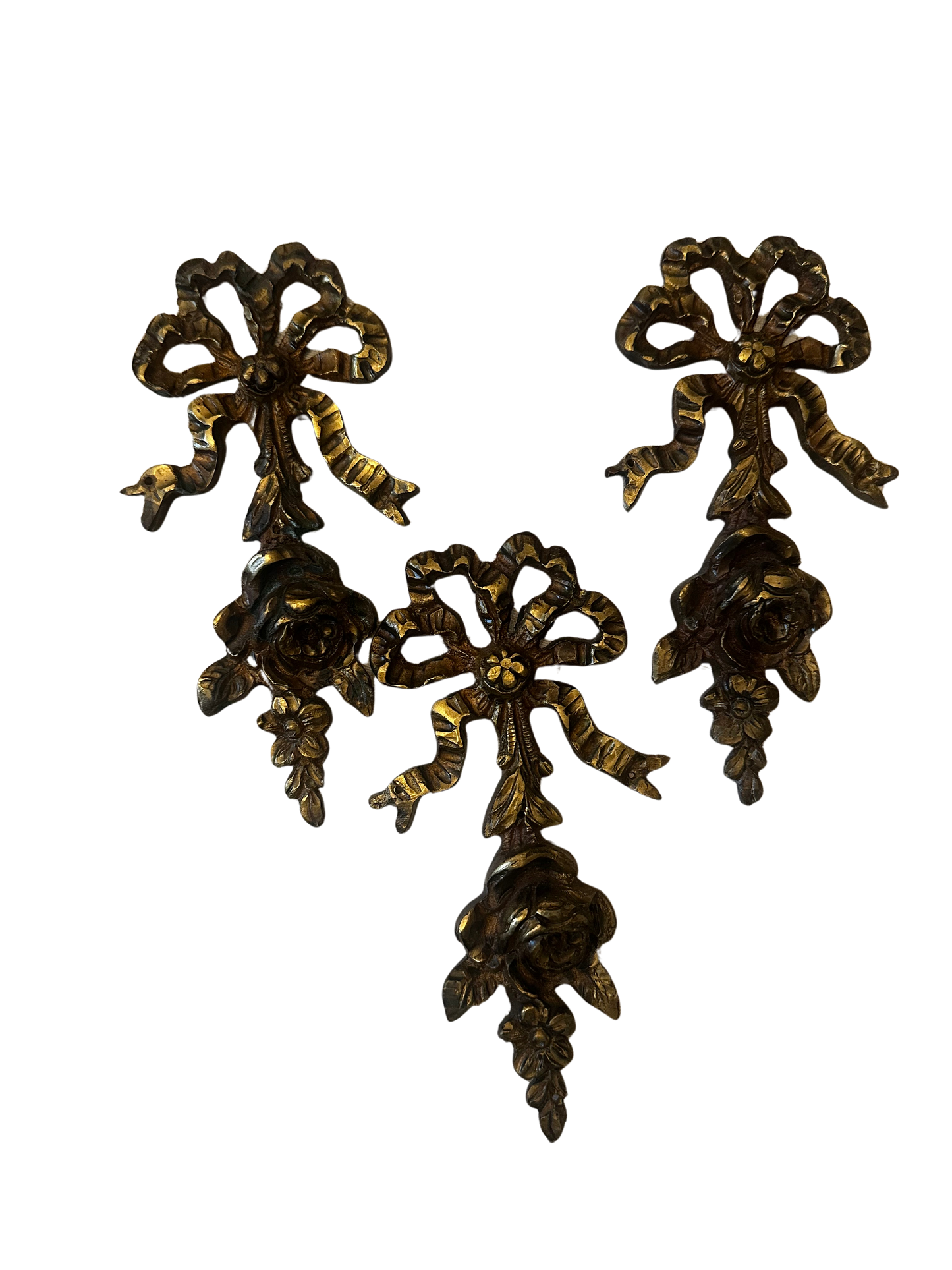 Set of Three Antique French Rococo Ribbon and Rose Decorative Furniture Mounts