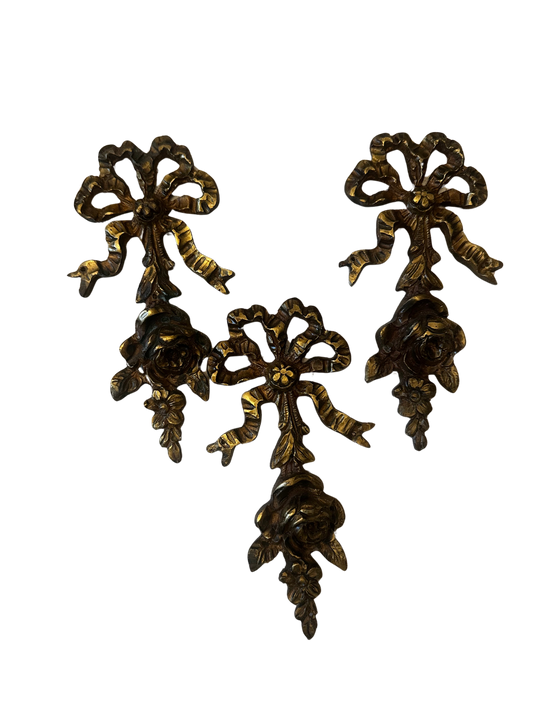 Set of Three Antique French Rococo Ribbon and Rose Decorative Furniture Mounts