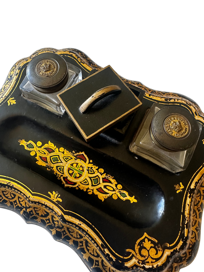 19th C Parkins & Gotto Black Lacquer Victorian Papier Mache Inkwell Set