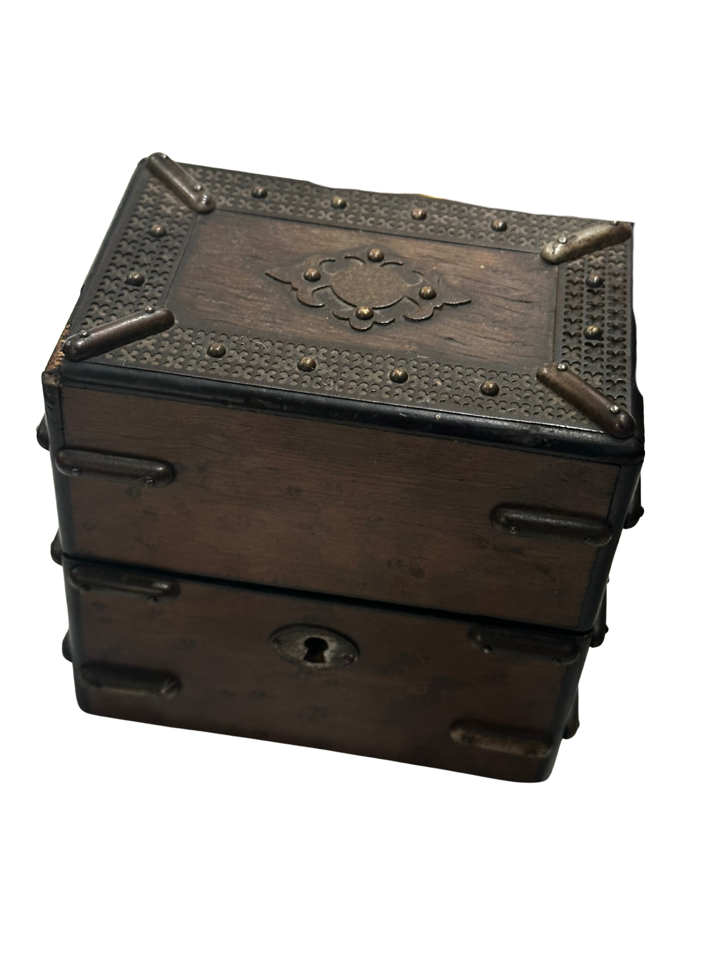 Late 19th C French Oak Perfume Casket with Blue Silk and Velvet Interior (No Bottles; Chip to Corner)