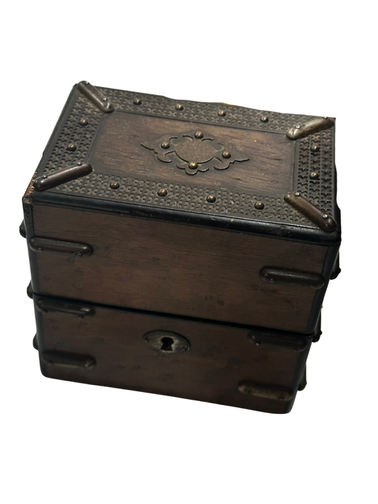 Late 19th C French Oak Perfume Casket with Blue Silk and Velvet Interior (No Bottles; Chip to Corner)