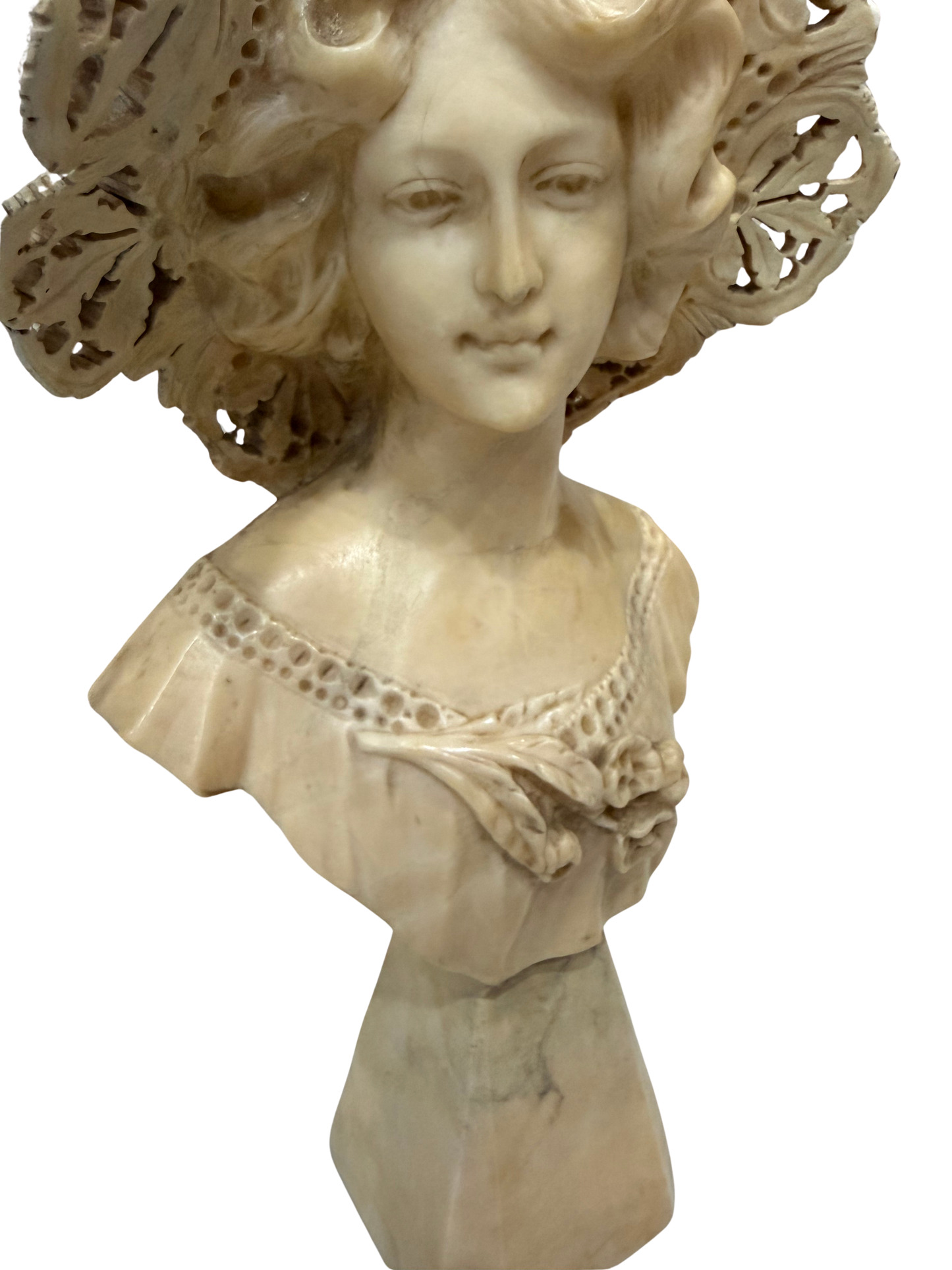 Vintage French-Style Alabaster Composite Maiden Bust with Pierced Lace Bonnet Mid to Late 20th Century