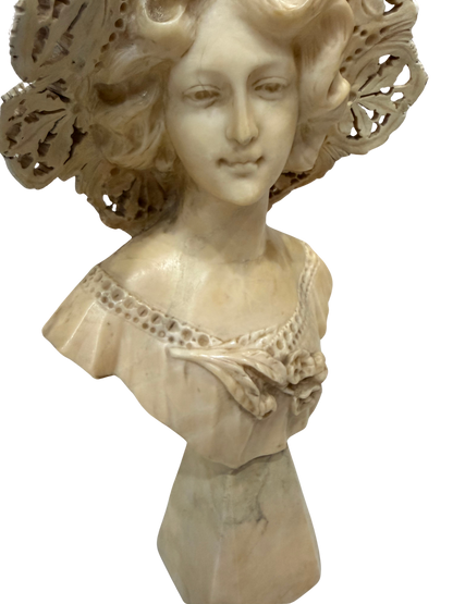 Vintage French-Style Alabaster Composite Maiden Bust with Pierced Lace Bonnet Mid to Late 20th Century