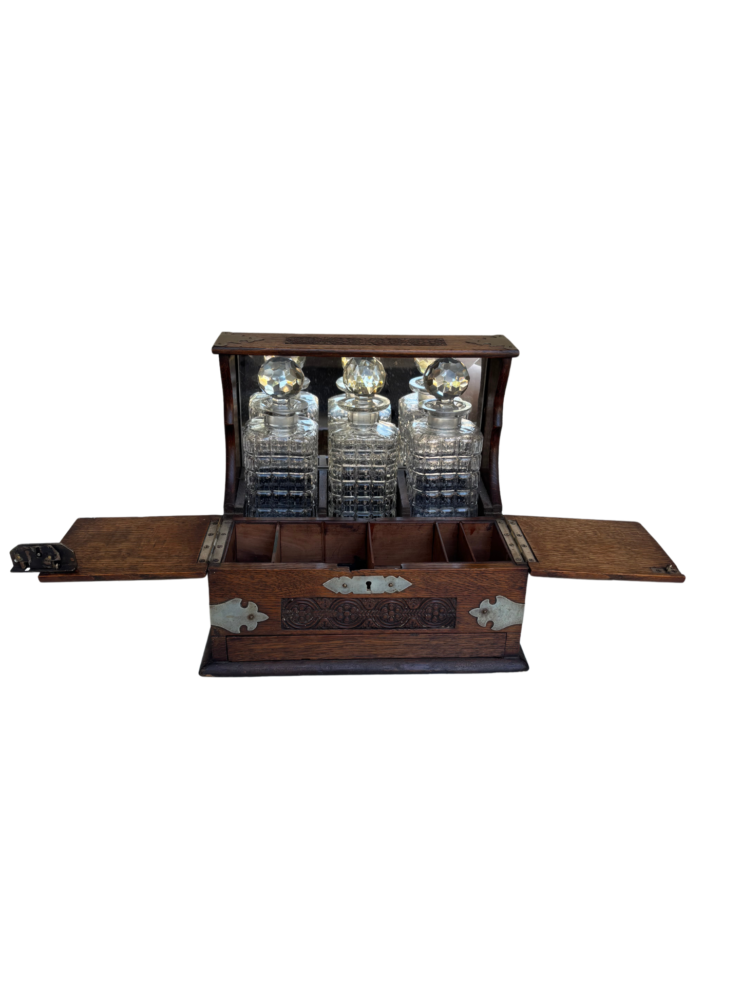 English Victorian Carved Oak Three-Bottle Tantalus and Games Compendium with Cut Glass Decanters, Circa 1880–1900