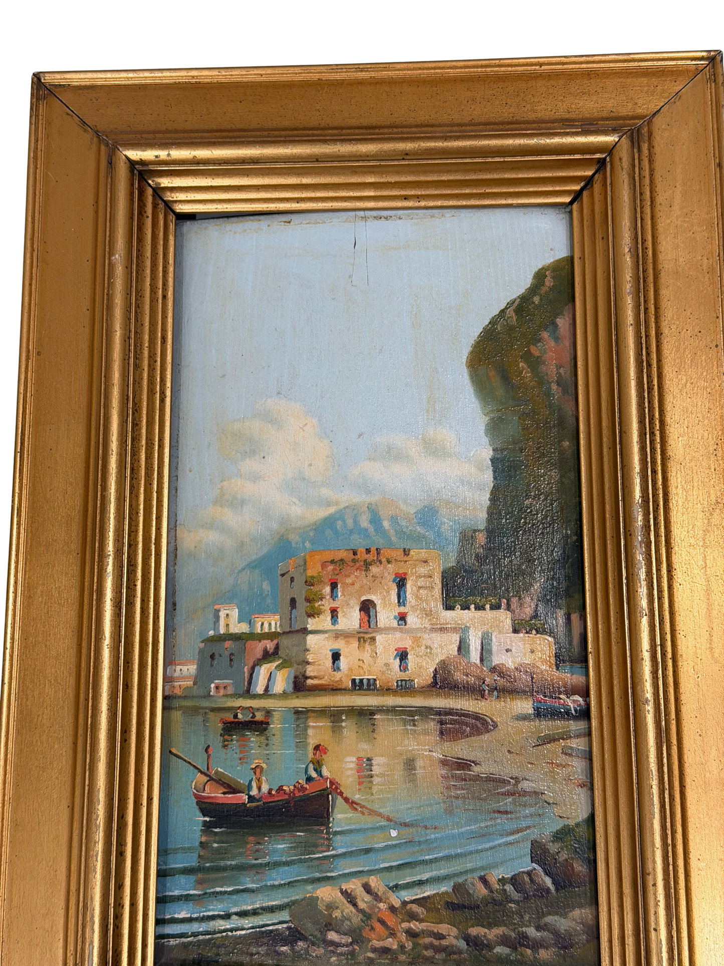 Vintage Italian Coastal Harbor Oil Painting with Fishermen and Giltwood Frame