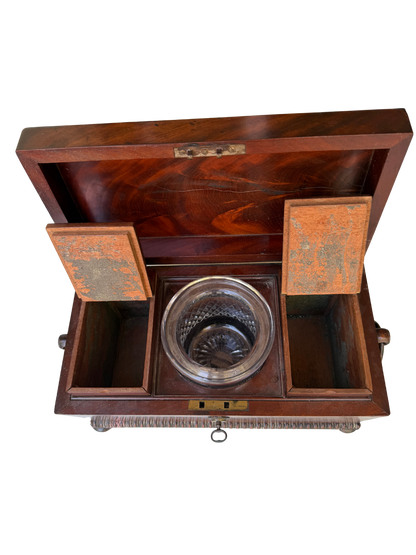 English Regency Figured Mahogany and Mother-of-Pearl Sarcophagus Tea Caddy with Cut Crystal Mixing Bowl