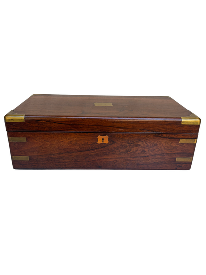 Antique Rosewood Campaign-Style Writing Slope with Brass Mounts and Inkwells