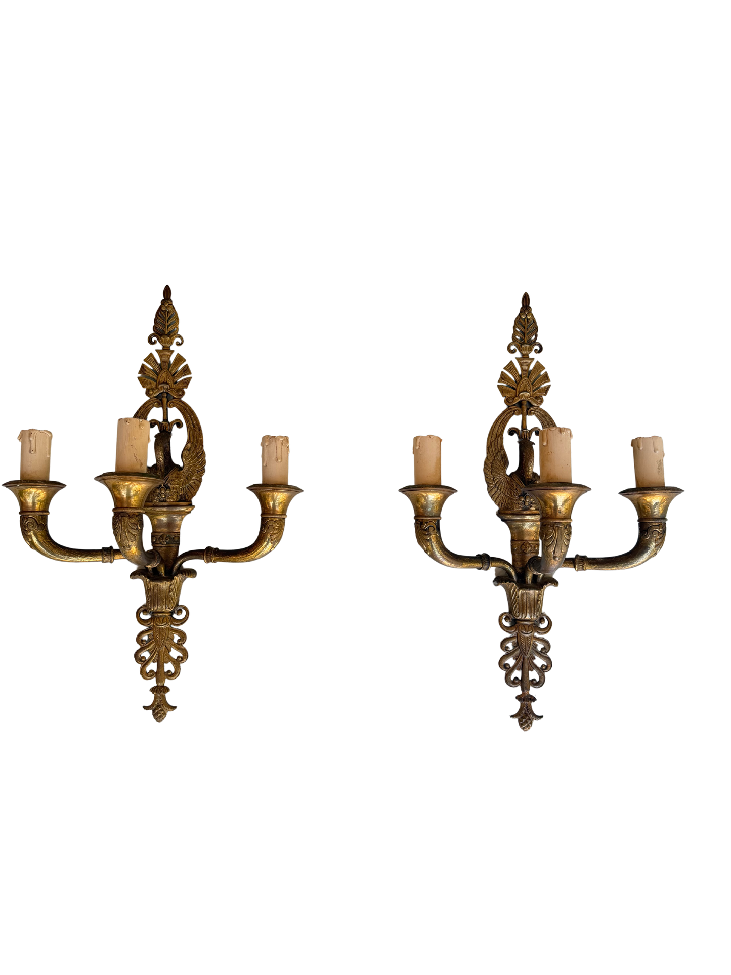 Pair of French Napoleon III Empire Revival Gilt Bronze Eagle Three-Light Wall Sconces, Late 19th Century