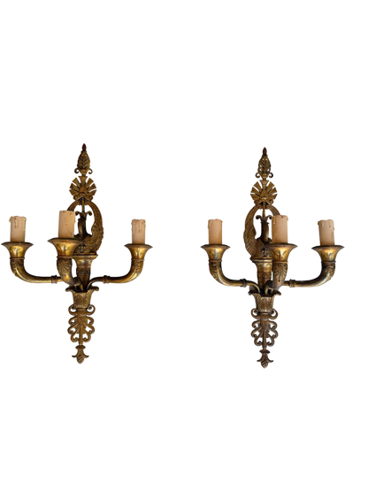 Pair of French Napoleon III Empire Revival Gilt Bronze Eagle Three-Light Wall Sconces, Late 19th Century