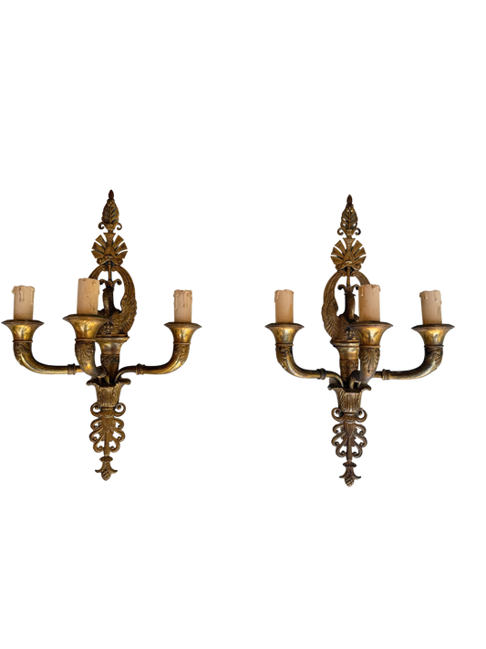 Pair of French Napoleon III Empire Revival Gilt Bronze Eagle Three-Light Wall Sconces, Late 19th Century