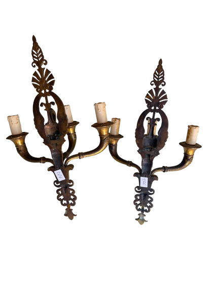 Pair of French Napoleon III Empire Revival Gilt Bronze Eagle Three-Light Wall Sconces, Late 19th Century
