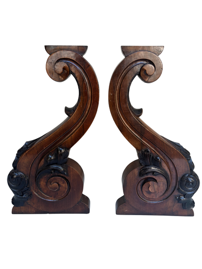 Pair of Monumental Carved Wooden Scroll Corbels / Architectural Brackets