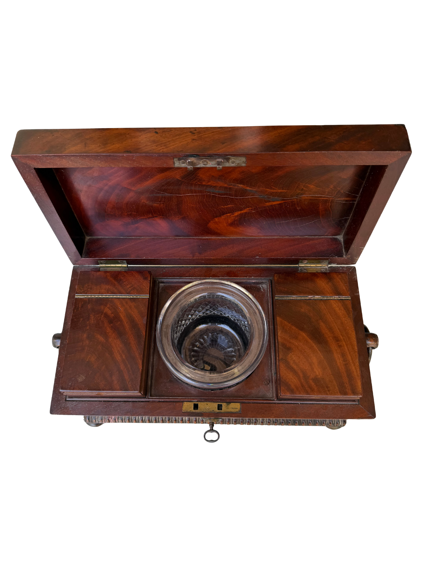 English Regency Figured Mahogany and Mother-of-Pearl Sarcophagus Tea Caddy with Cut Crystal Mixing Bowl