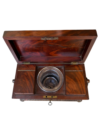 English Regency Figured Mahogany and Mother-of-Pearl Sarcophagus Tea Caddy with Cut Crystal Mixing Bowl