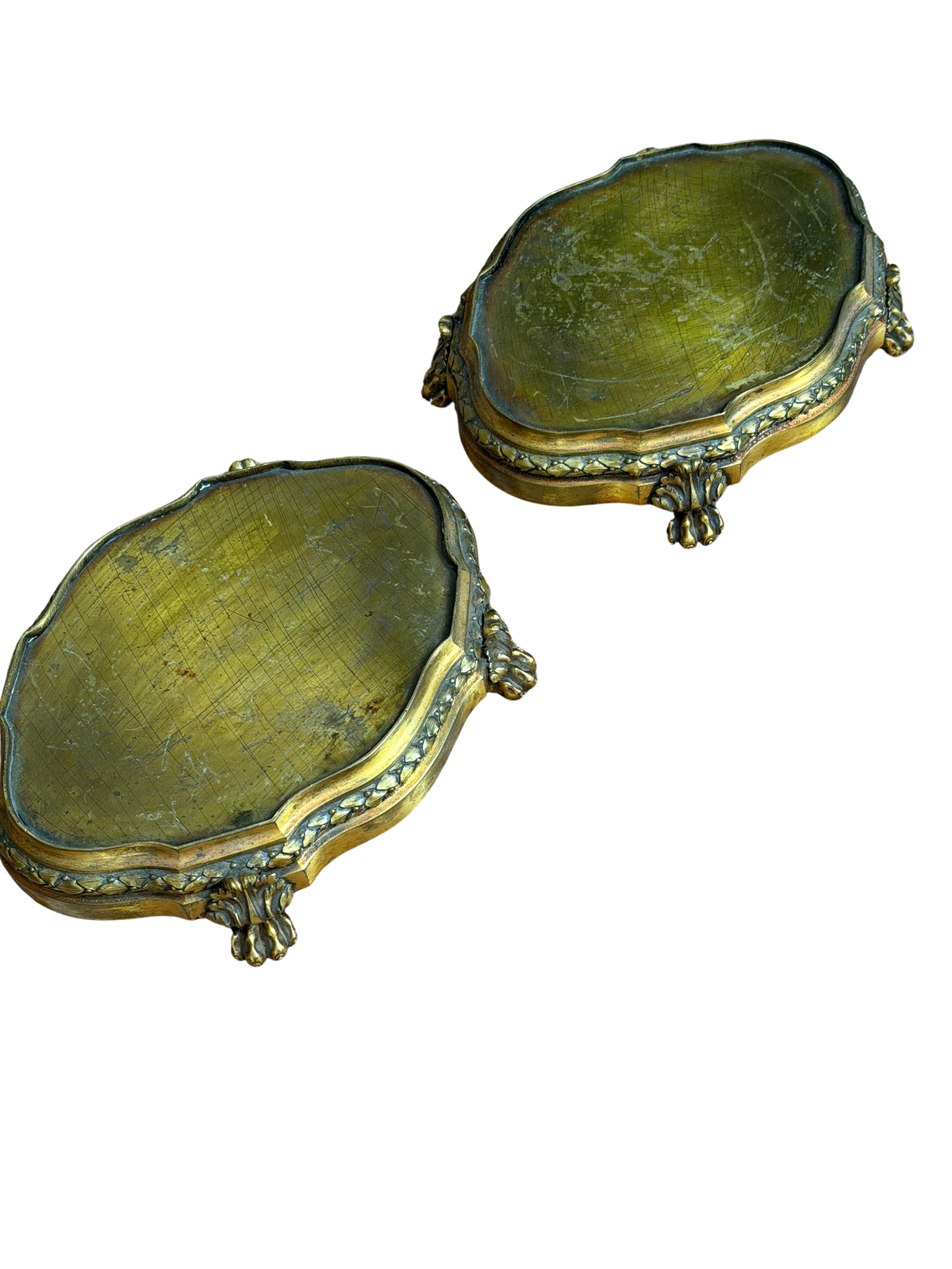 Pair of French Louis XVI Revival Gilt Brass and Copper Footed Plateaus / Display Risers with Laurel Garland, 19th Century