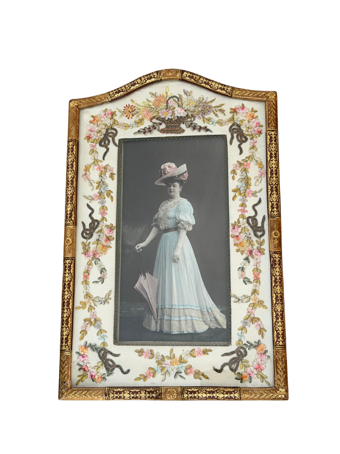 Belle Époque Dreyfous French Silk-Embroidered Photograph Frame with Hand-Colored T. H. Voigt Society Portrait
