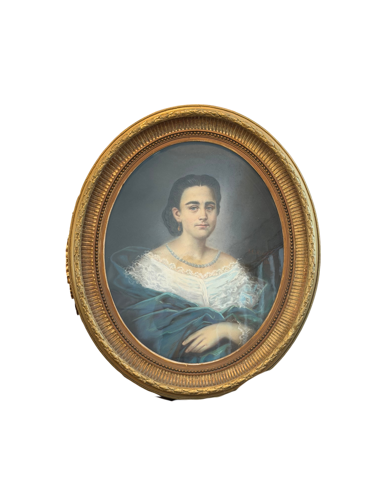 H. Rouillet (French, 19th Century) Large Pastel Portrait of a Lady in Pearls, Dated 1866