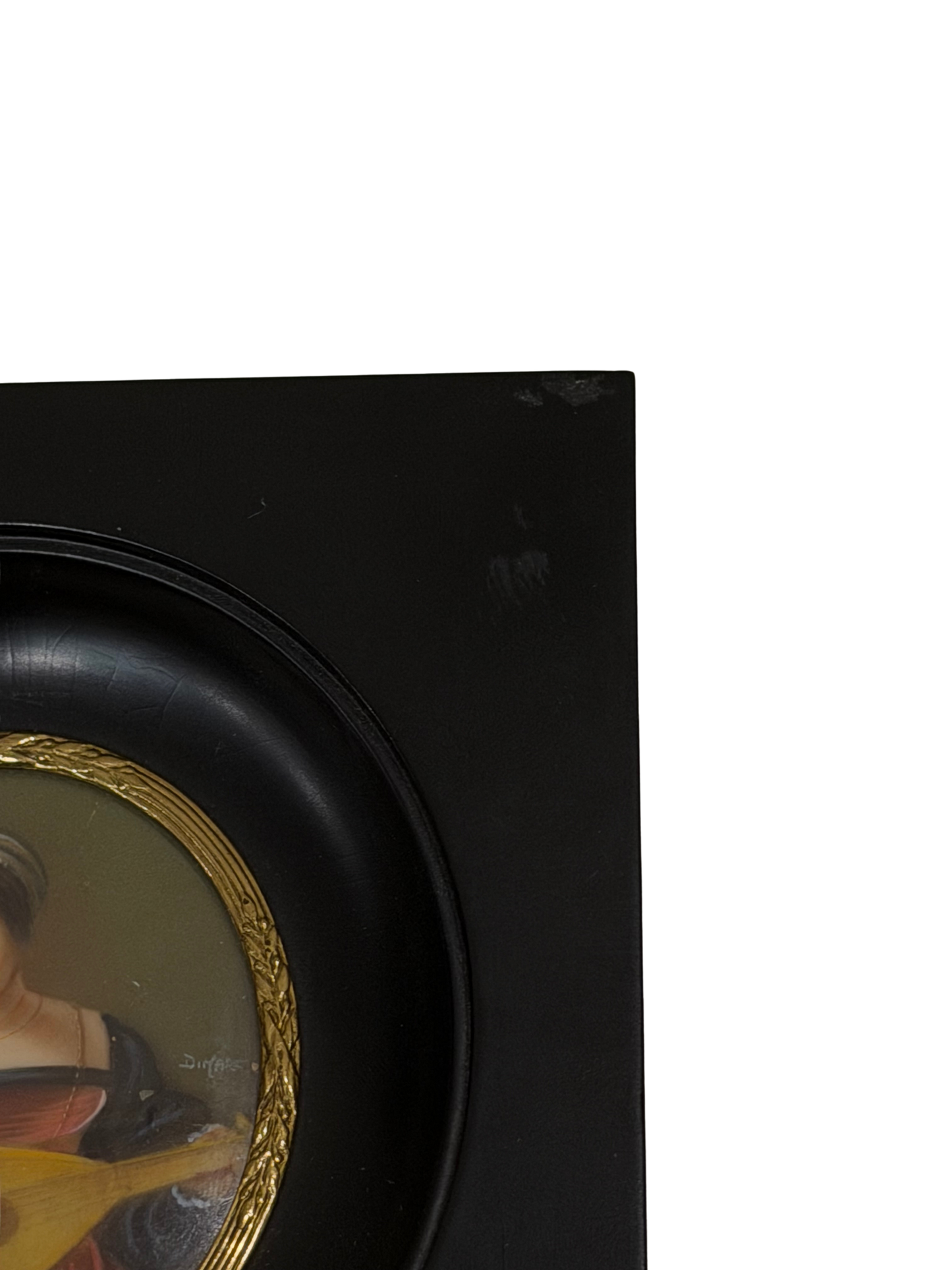 Hand-Painted Translucent Celluloid Portrait Plaque of a Renaissance Lady with Lute in 18K Gold Bezel, Signed "Dimarc"