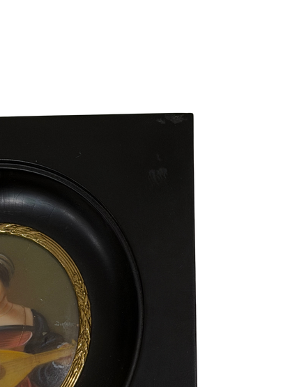 Hand-Painted Translucent Celluloid Portrait Plaque of a Renaissance Lady with Lute in 18K Gold Bezel, Signed "Dimarc"