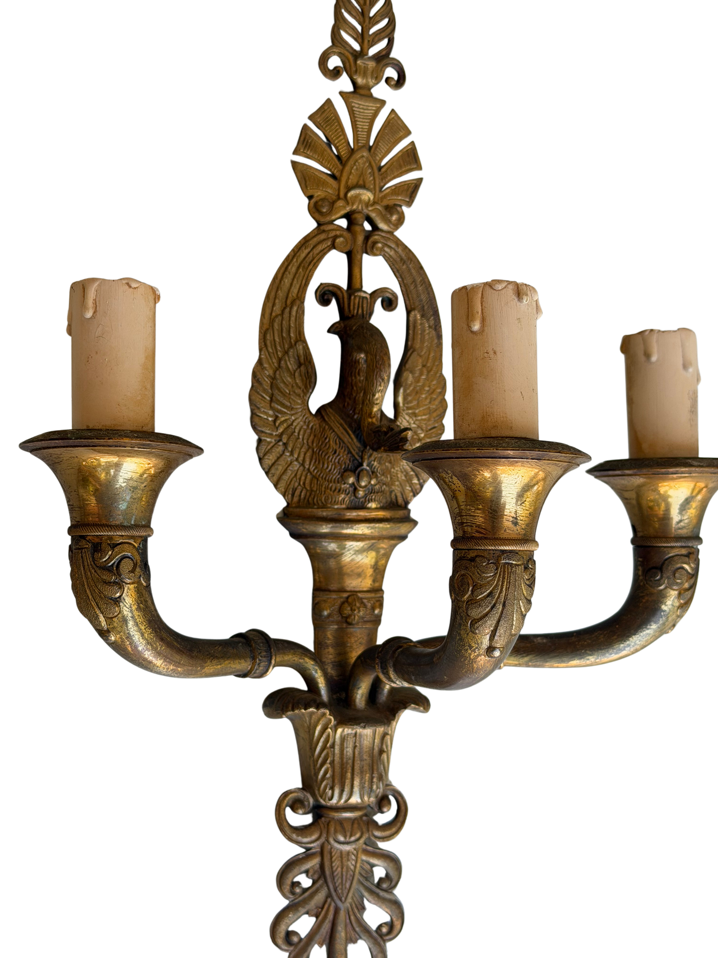Pair of French Napoleon III Empire Revival Gilt Bronze Eagle Three-Light Wall Sconces, Late 19th Century